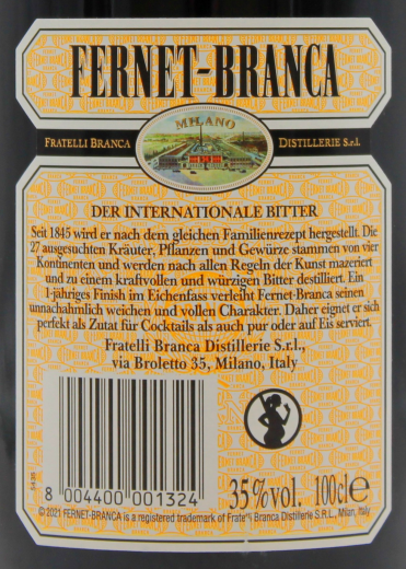 Fernet Branca Bitter Kräuterlikör 35% vol., 1 x 1000ml Flaschen