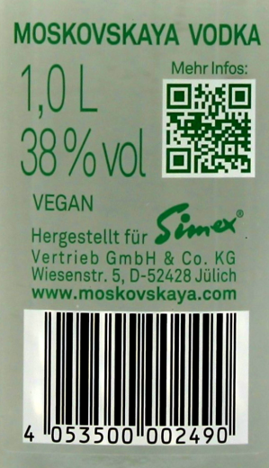 Moskovskaya Vodka 38% vol., 1000ml Flaschen