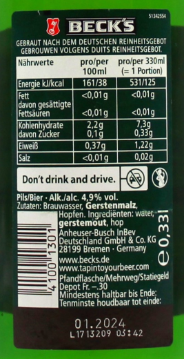 Beck's Pils 4.9% vol., 24 x 330ml Flaschen MEHRWEG