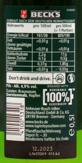 Beck's Pils 4.9% vol., 20 x 500ml Flaschen MEHRWEG