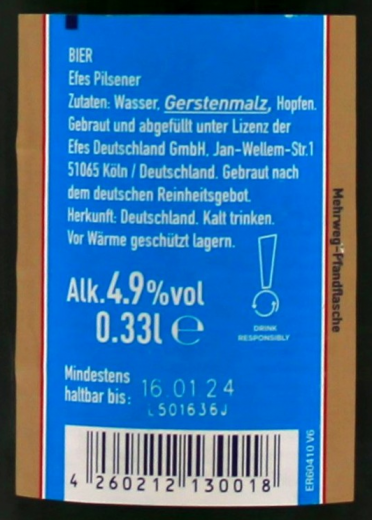 Efes Pilsener 4.9% vol., 24 x 330ml Flaschen MEHRWEG