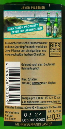 Jever Pilsener 4.9% vol., 24 x 330 ml Flaschen MEHRWEG