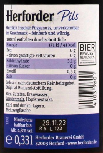 Herforder Pils 4.8% vol., 24 x 330ml Flaschen MEHRWEG