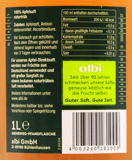 albi Apfel Direktsaft naturtrüb, 6 x 1000 ml Flaschen MEHRWEG