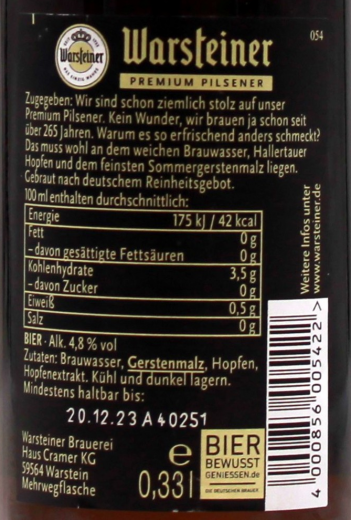 Warsteiner Pils 4.8% vol., 24 x 330ml Flaschen MEHRWEG