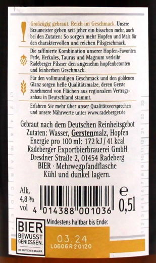 Radeberger Pilsner 4.8% vol., 20 x 500ml Flaschen MEHRWEG
