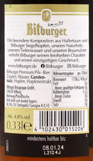 Bitburger Pils 4.8% vol., 24 x 330ml Flaschen MEHRWEG