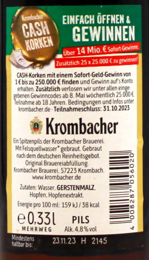 Krombacher Pils 4.8% vol., 24 x 330ml Flaschen MEHRWEG
