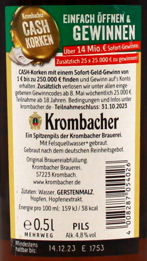 Krombacher Pils 4.8% vol., 20 x 500ml Flaschen MEHRWEG