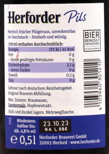Herforder Pils 4.8% vol., 20 x 500ml Flaschen MEHRWEG