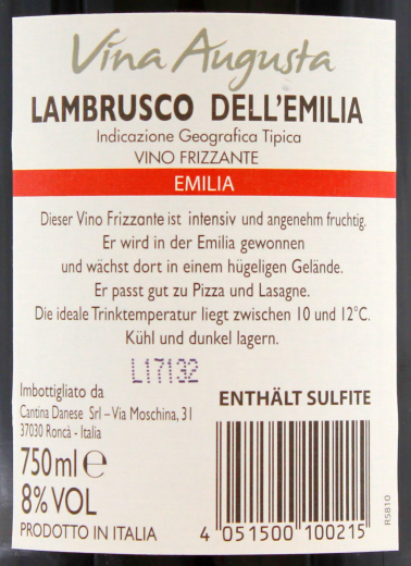 Vina Augusta Lambrusco Emilia Rotwein lieblich IGT 8% vol., 6 x 750ml Flasche
