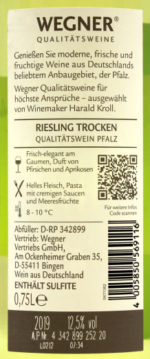 Wegner Pfalz Riesling Weißwein trocken QbA 12.5% vol., 6 x 750ml Flasche