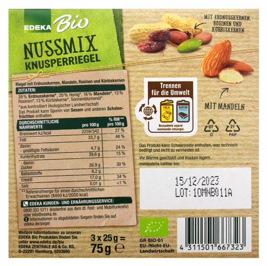 Edeka Bio Nussmix Knusperriegel 5 x 75g Packungen