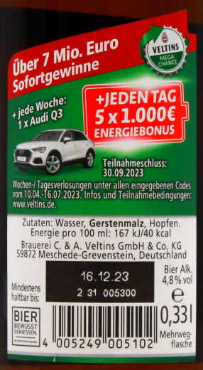 VELTINS Pilsener 4.8% vol., 24 x 330ml Flaschen MEHRWEG