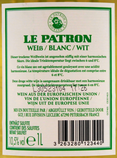 Le Patron Weißwein trocken 10.5% vol., 6 x 1000ml Flaschen
