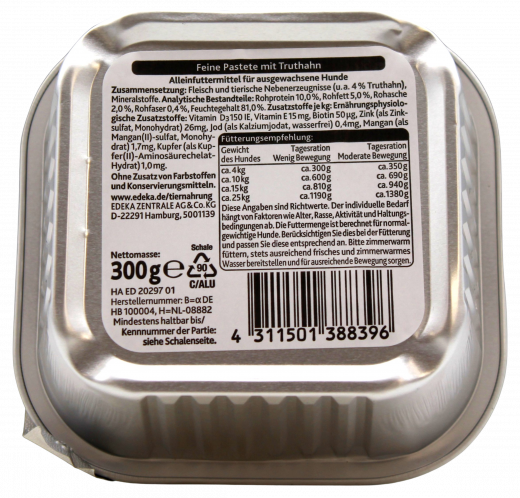 Edeka Feine Pastete mit Truthahn Hundefutter, 10 x 300g Becher