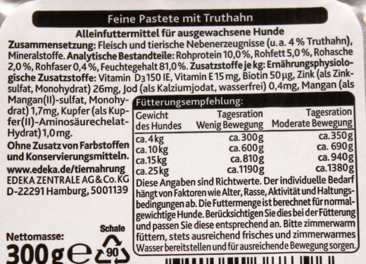 Edeka Feine Pastete mit Truthahn Hundefutter, 10 x 300g Becher