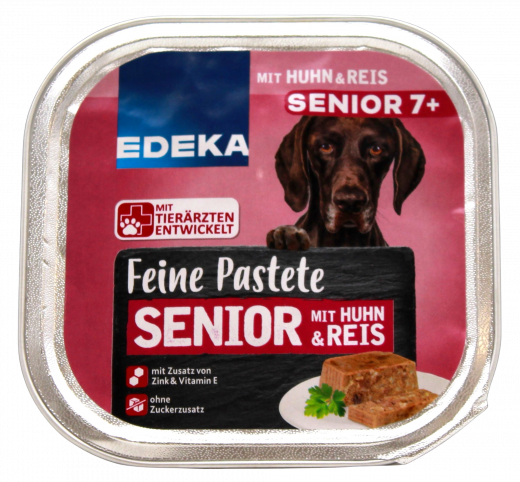 Edeka Feine Pastete Senior mit Huhn und Reis Hundefutter, 10 x 300g Becher