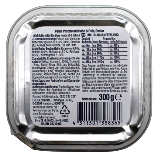 Herzstücke Feine Pastete Senior mit Huhn und Reis Hundefutter, 10 x 300g Becher