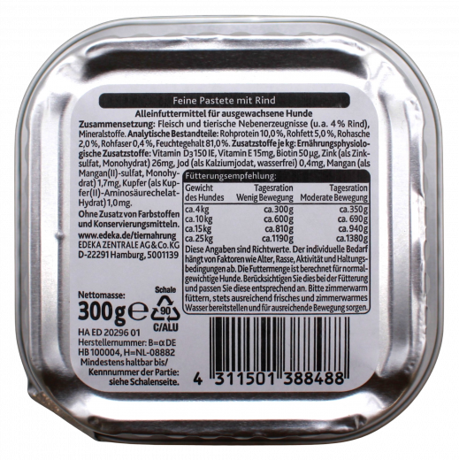Edeka Feine Pastete mit Rind Hundefutter, 10 x 300g Becher