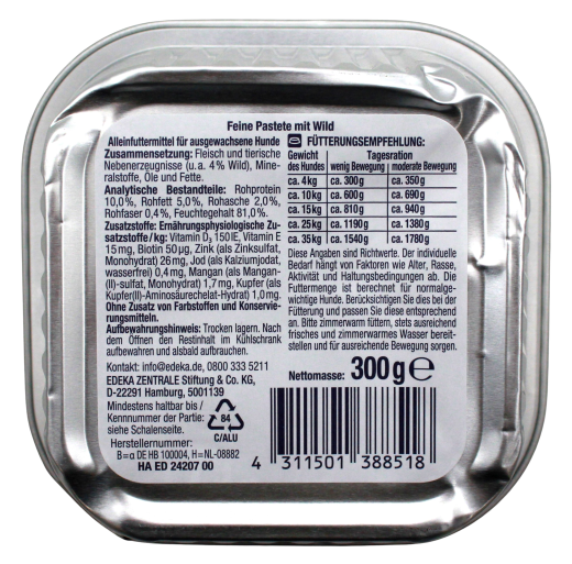 Herzstücke Feine Pastete mit Wild Hundefutter, 10 x 300g Becher