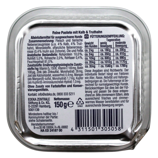 Herzstücke Feine Pastete mit Kalb und Truthahn Hundefutter, 11 x 150g Schale