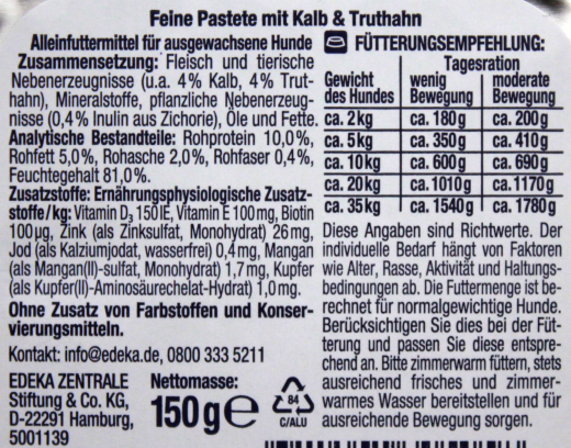 Herzstücke Feine Pastete mit Kalb und Truthahn Hundefutter, 11 x 150g Schale