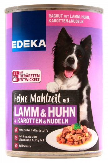 Edeka Feine Mahlzeit mit Lamm & Huhn, Nudeln und Karotten Hundefutter, 10 x 400g Dosen