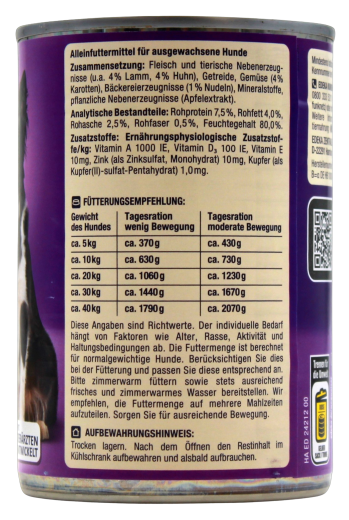 Herzstücke Feine Mahlzeit Ragout mit Lamm, Huhn, Karotten & Nudeln Hundefutter, 12 x 400g Dose