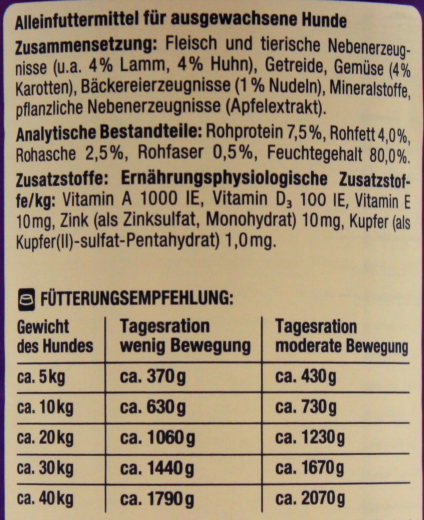 Herzstücke Feine Mahlzeit Ragout mit Lamm, Huhn, Karotten & Nudeln Hundefutter, 12 x 400g Dose