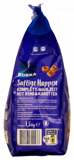 Edeka Saftige Happen mit Rind und Karotten Komplett-Mahlzeit für Hunde 5 x 1500g Packungen