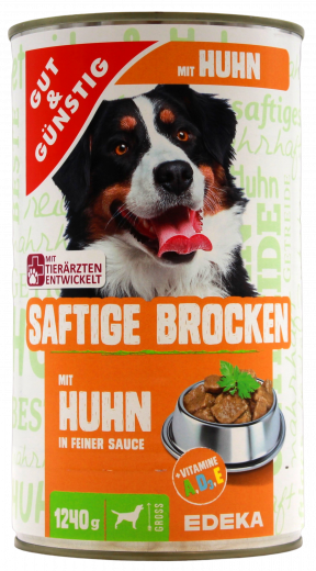 Gut & Günstig Saftige Brocken mit Huhn in feiner Sauce, 6 x 1240g Dosen