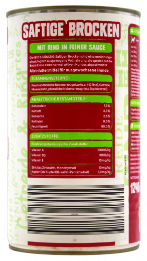 Gut & Günstig Saftige Brocken mit Rind in feiner Sauce, 6 x 1240g Dosen