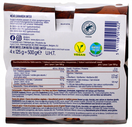 alpro verführerisch dunkle Schokolade pflanzliches Dessert vegan, 3 x 500g Packungen