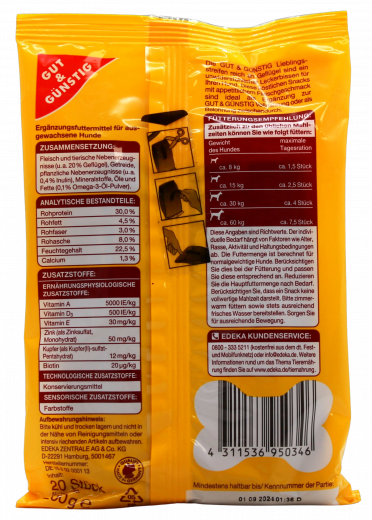 Gut & Günstig Lieblings Streifen Hundeleckerli mit Geflügel 15 x 200g Packungen