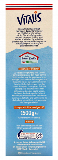 Dr. Oetker Vitalis Weniger Süß Knusper Pur Knuspermüsli mit 30% weniger Zucker, 2 x 1500g Packungen