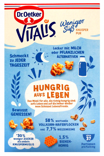 Dr. Oetker Vitalis Weniger Süß Knusper Pur Knuspermüsli mit 30% weniger Zucker, 2 x 1500g Packungen
