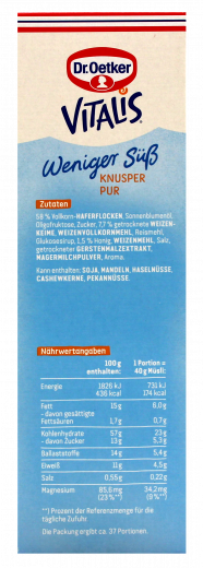 Dr. Oetker Vitalis Weniger Süß Knusper Pur Knuspermüsli mit 30% weniger Zucker, 2 x 1500g Packungen