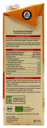 Alnatura Bio Hafer-Drink ungesüßt, 8 x 1000 ml Packungen