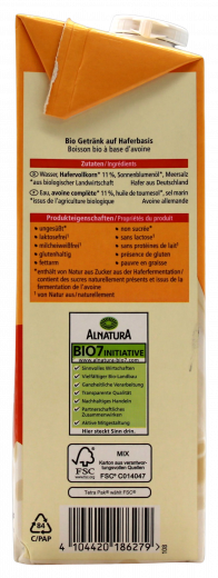Alnatura Bio Hafer-Drink ungesüßt, 8 x 1000 ml Packungen