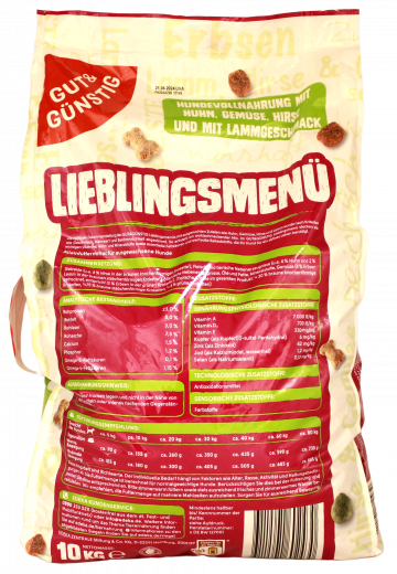 Gut & Günstig Lieblingsmenü Hundevollnahrung mit Huhn, Gemüse, Hirse und Lammgeschmack 10 kg Packung