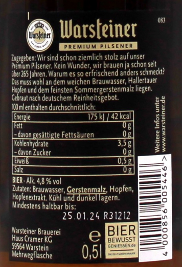 Warsteiner Pilsener 4.8% vol., 20 x 500ml Flaschen MEHRWEG