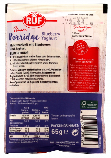 Ruf unser Porridge Bluberry Yoghurt 13 x 65g Packungen
