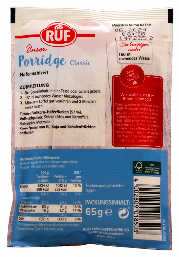 Ruf unser Porridge Classic 13 x 65g Packungen