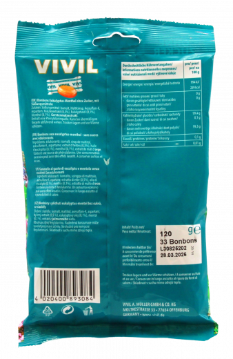 Vivil Eukalyptus-Menthol Hustenbonbons ohne Zucker 15 x 120g Beutel