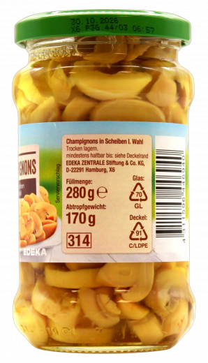 Gut & Günstig Champignons Scheiben 1.Wahl, 6 x 170g Gläser