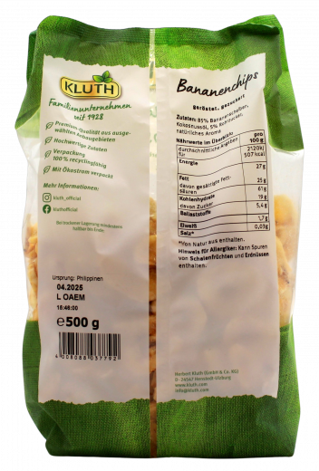 Kluth Bananen-Chips knusprig geröstet, 2 x 500g Packungen
