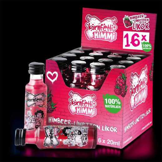 Kornfetti "Himmi" 15% vol. Himbeer-Limette-Likör, 16 x 20ml Flaschen