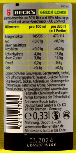 Beck's Green Lemon 2.5% vol., 24 x 330ml Flaschen MEHRWEG