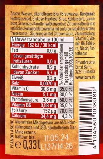 Barre Fassbrause Holunder, 24 x 330ml Flaschen MEHRWEG